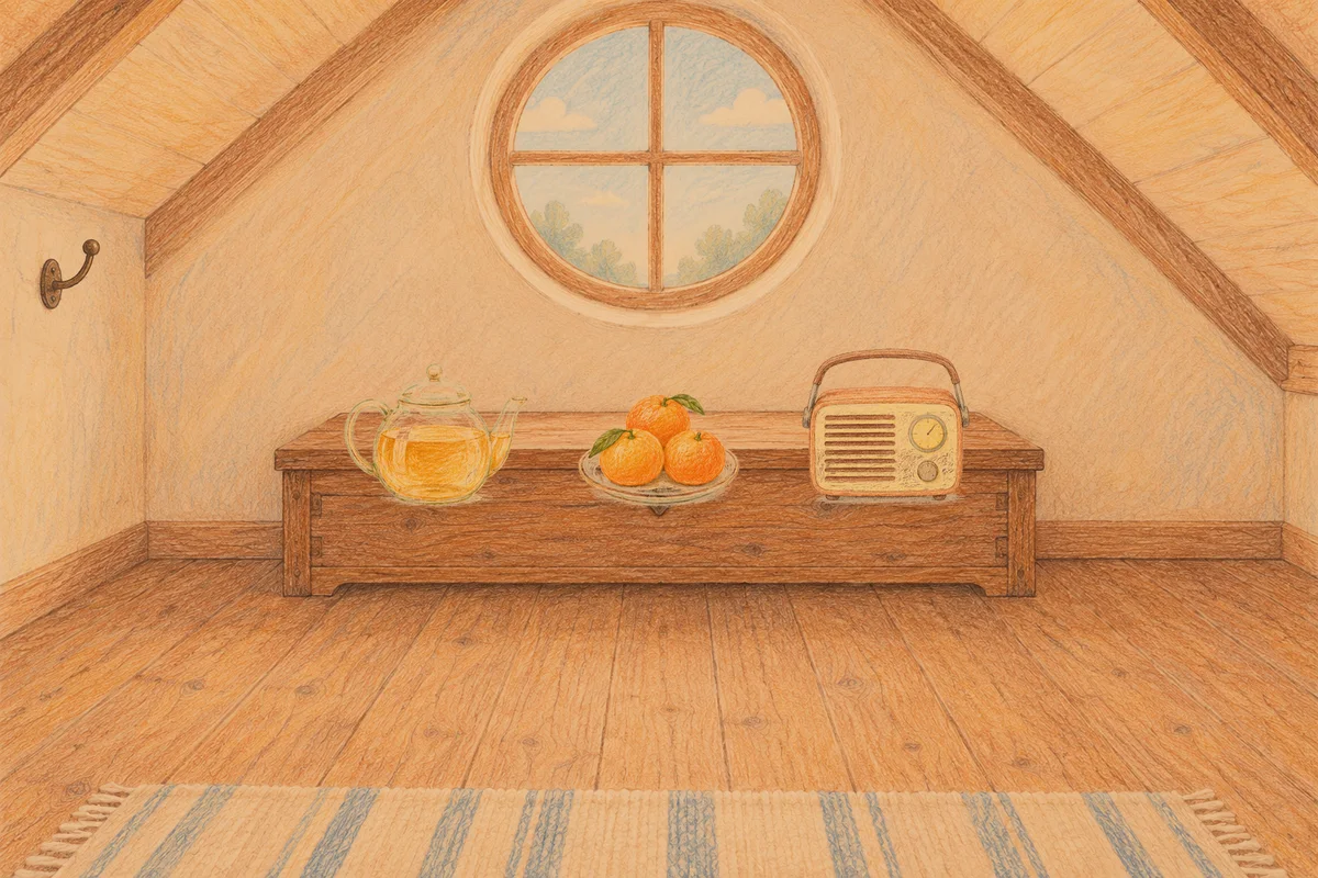 신설동 여성전용 페이셜 마사지 안내 그림, 저녁의 다락방 나무 궤짝 위에 놓인 유리 티포트, 귤이 담긴 접시, 작은 라디오