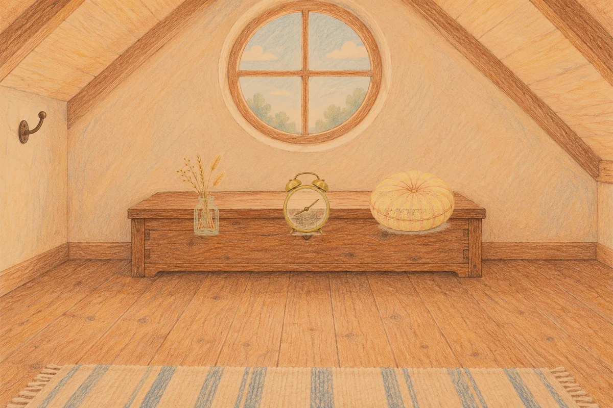 신설동 여성전용 얼굴 마사지 안내 그림, 저녁의 다락방 나무 궤짝 위에 놓인 마른 풀을 꽂은 항아리, 둥근 알람시계, 둥근 쿠션