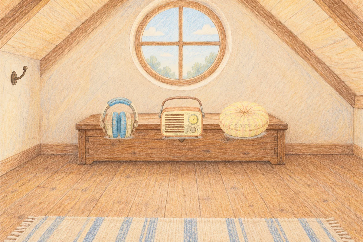 신설동 여성전용 안티에이징 케어 안내 그림, 낮의 다락방 나무 궤짝 위에 놓인 헤드폰, 작은 라디오, 둥근 쿠션