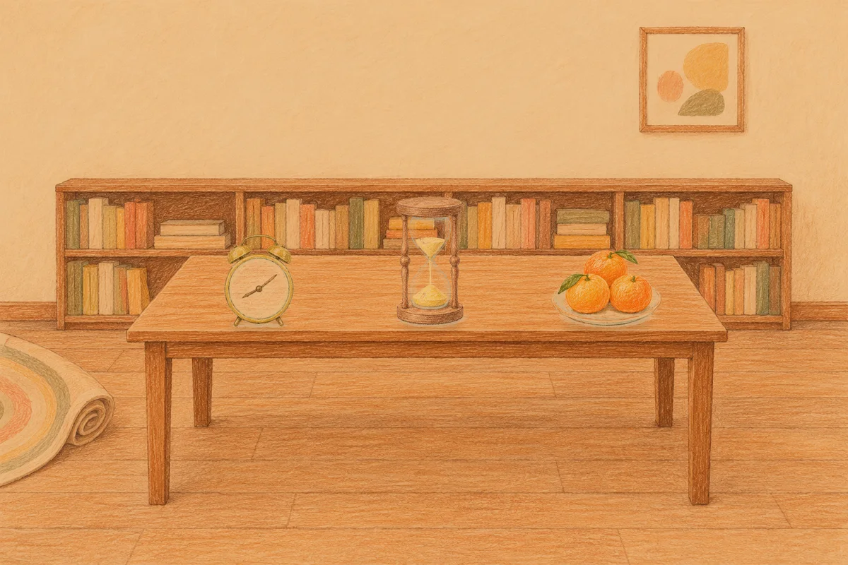 신설동 여성전용 가격 마사지 안내 그림, 저녁의 서재 긴 책상 위에 놓인 둥근 알람시계, 모래시계, 귤이 담긴 접시