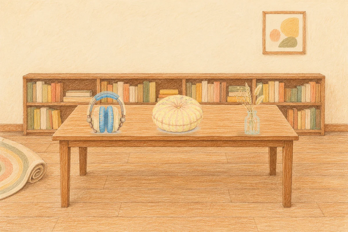 장한평 여성전용 아로마테라피 안내 그림, 낮의 서재 긴 책상 위에 놓인 헤드폰, 둥근 쿠션, 마른 풀을 꽂은 항아리