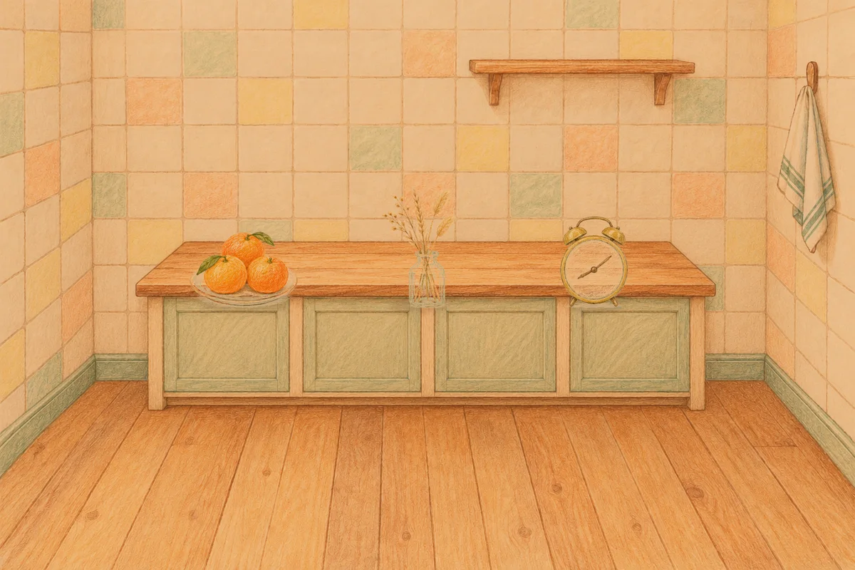 장한평 여성전용 스웨디시 홈케어 안내 그림, 저녁의 부엌 나무 조리대 위에 놓인 귤이 담긴 접시, 마른 풀을 꽂은 항아리, 둥근 알람시계