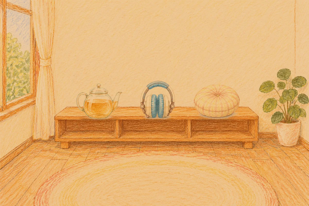 장한평 여성전용 아로마 마사지 후기 안내 그림, 저녁의 창가 낮은 선반 위에 놓인 유리 티포트, 헤드폰, 둥근 쿠션