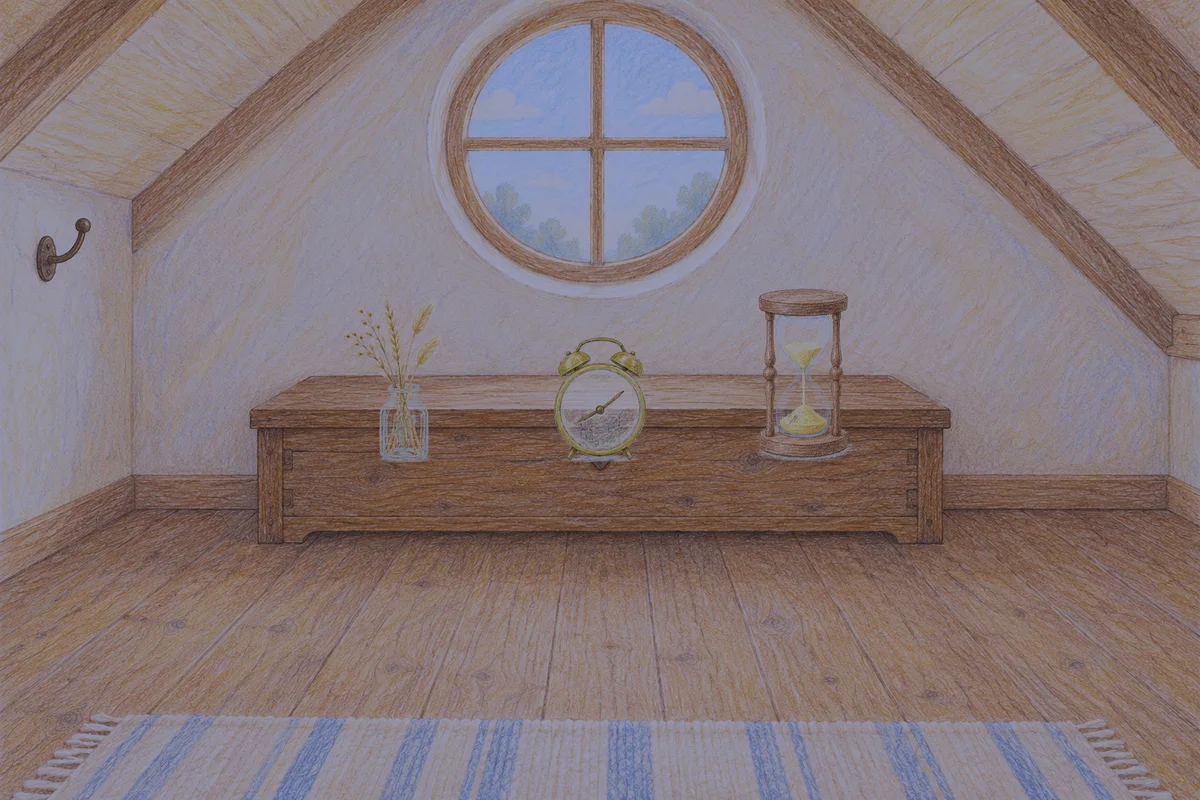 장한평 여성전용 경락마사지 안내 그림, 밤의 다락방 나무 궤짝 위에 놓인 마른 풀을 꽂은 항아리, 둥근 알람시계, 모래시계