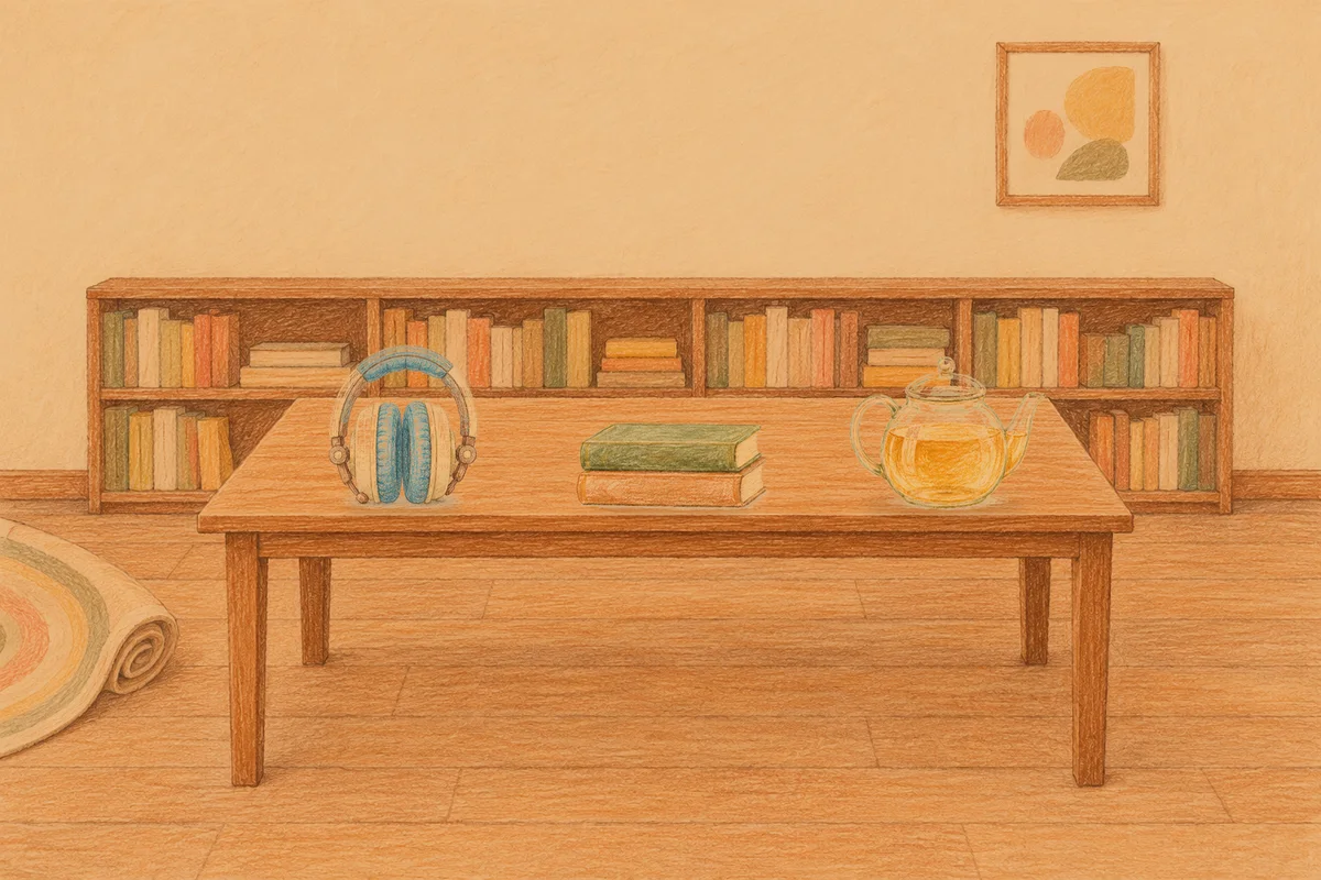 장한평 여성전용 경락 마사지 안내 그림, 저녁의 서재 긴 책상 위에 놓인 헤드폰, 책 두 권, 유리 티포트