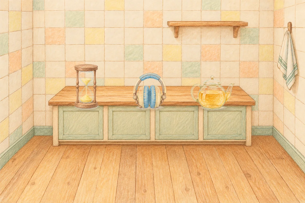 장한평 여성전용 얼굴 경락 안내 그림, 낮의 부엌 나무 조리대 위에 놓인 모래시계, 헤드폰, 유리 티포트