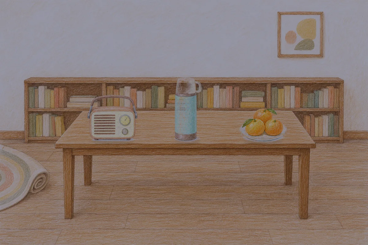 장한평 여성전용 바디 경락 안내 그림, 밤의 서재 긴 책상 위에 놓인 작은 라디오, 보온병, 귤이 담긴 접시