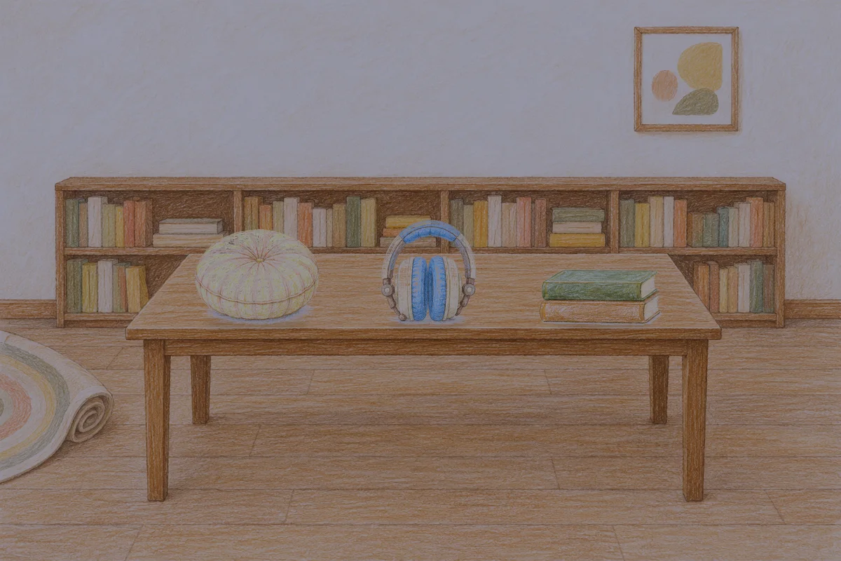 장한평 여성전용 경락 가격 안내 그림, 밤의 서재 긴 책상 위에 놓인 둥근 쿠션, 헤드폰, 책 두 권