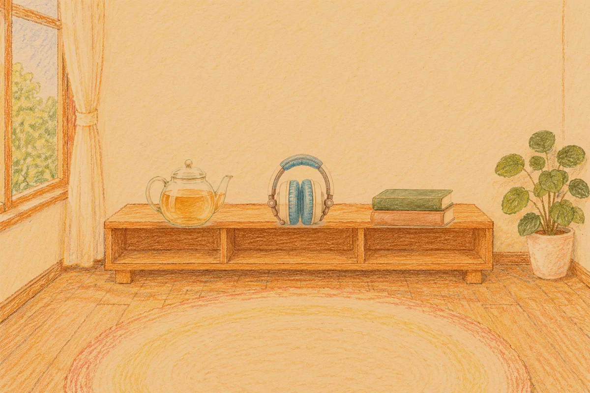 장한평 여성전용 프라이빗 케어 안내 그림, 저녁의 창가 낮은 선반 위에 놓인 유리 티포트, 헤드폰, 책 두 권