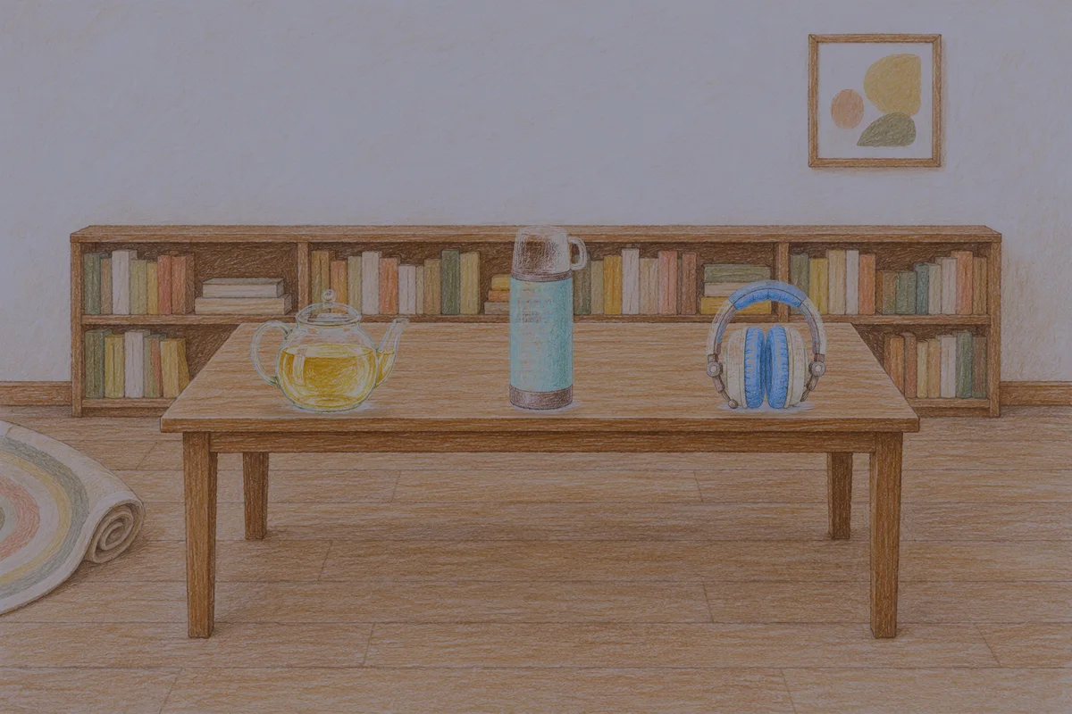 장한평 여성전용 홈케어 추천 안내 그림, 밤의 서재 긴 책상 위에 놓인 유리 티포트, 보온병, 헤드폰