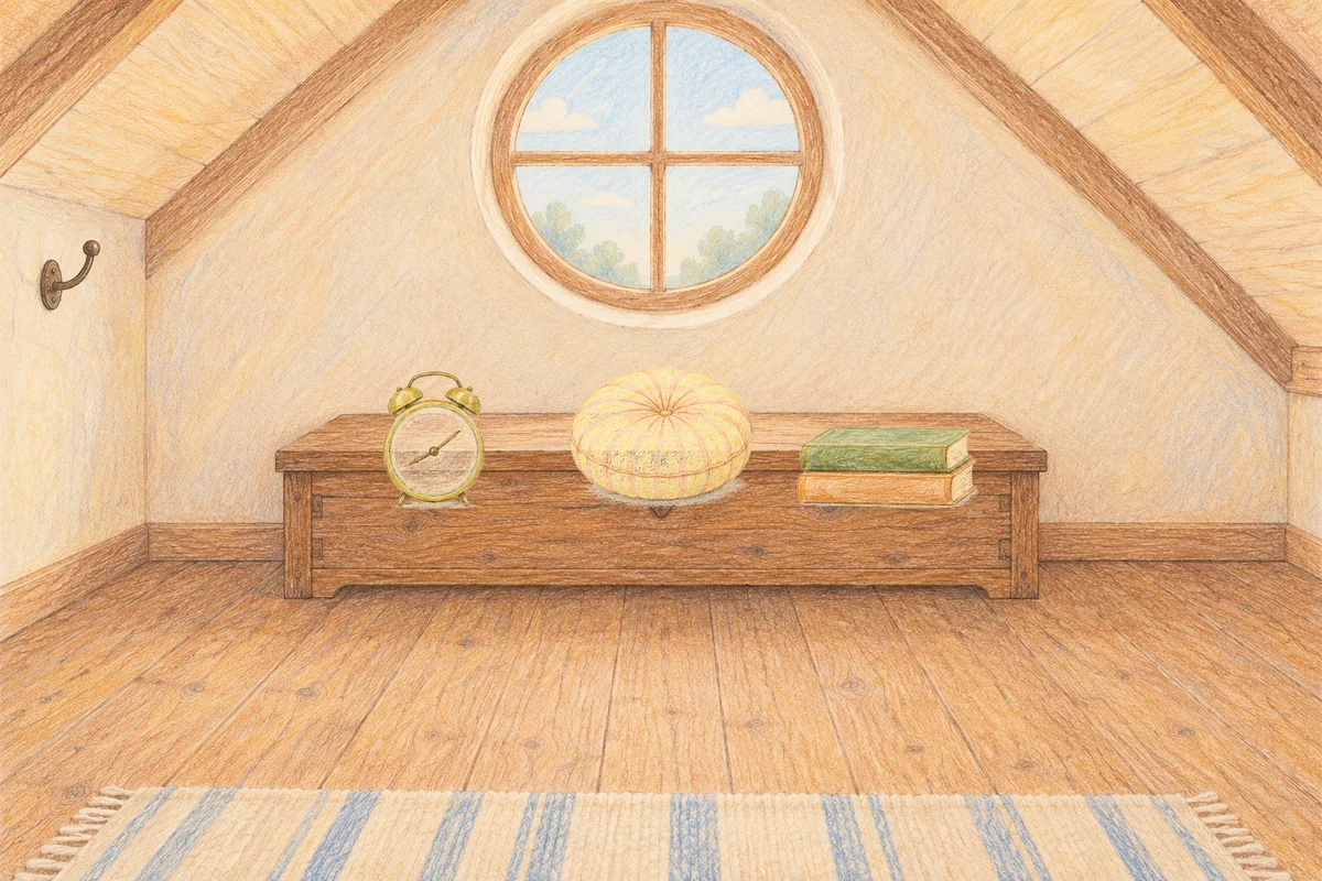 장한평 여성전용 발관리 안내 그림, 낮의 다락방 나무 궤짝 위에 놓인 둥근 알람시계, 둥근 쿠션, 책 두 권