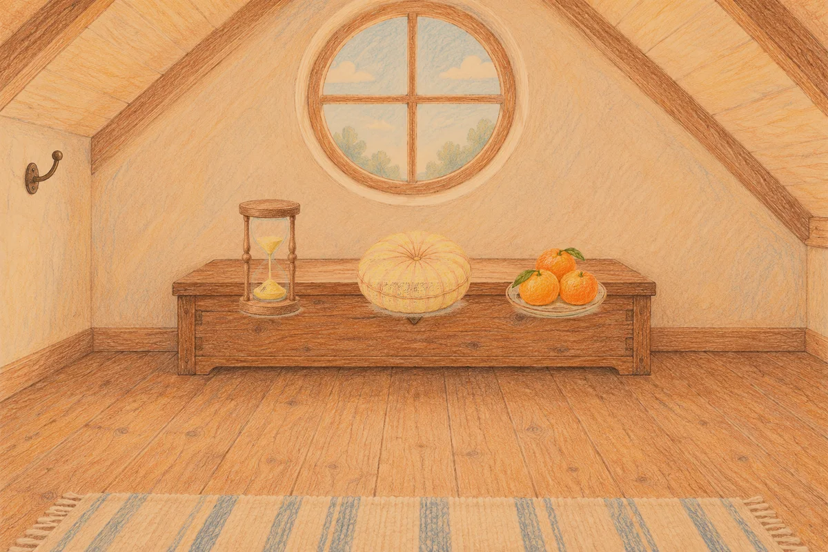 장한평 여성전용 발 부종 케어 안내 그림, 저녁의 다락방 나무 궤짝 위에 놓인 모래시계, 둥근 쿠션, 귤이 담긴 접시