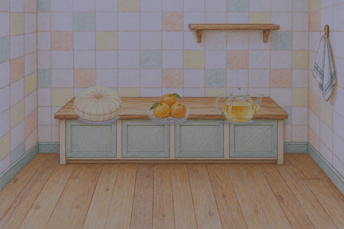 장한평 여성전용 부종 케어 안내 그림, 밤의 부엌 나무 조리대 위에 놓인 둥근 쿠션, 귤이 담긴 접시, 유리 티포트