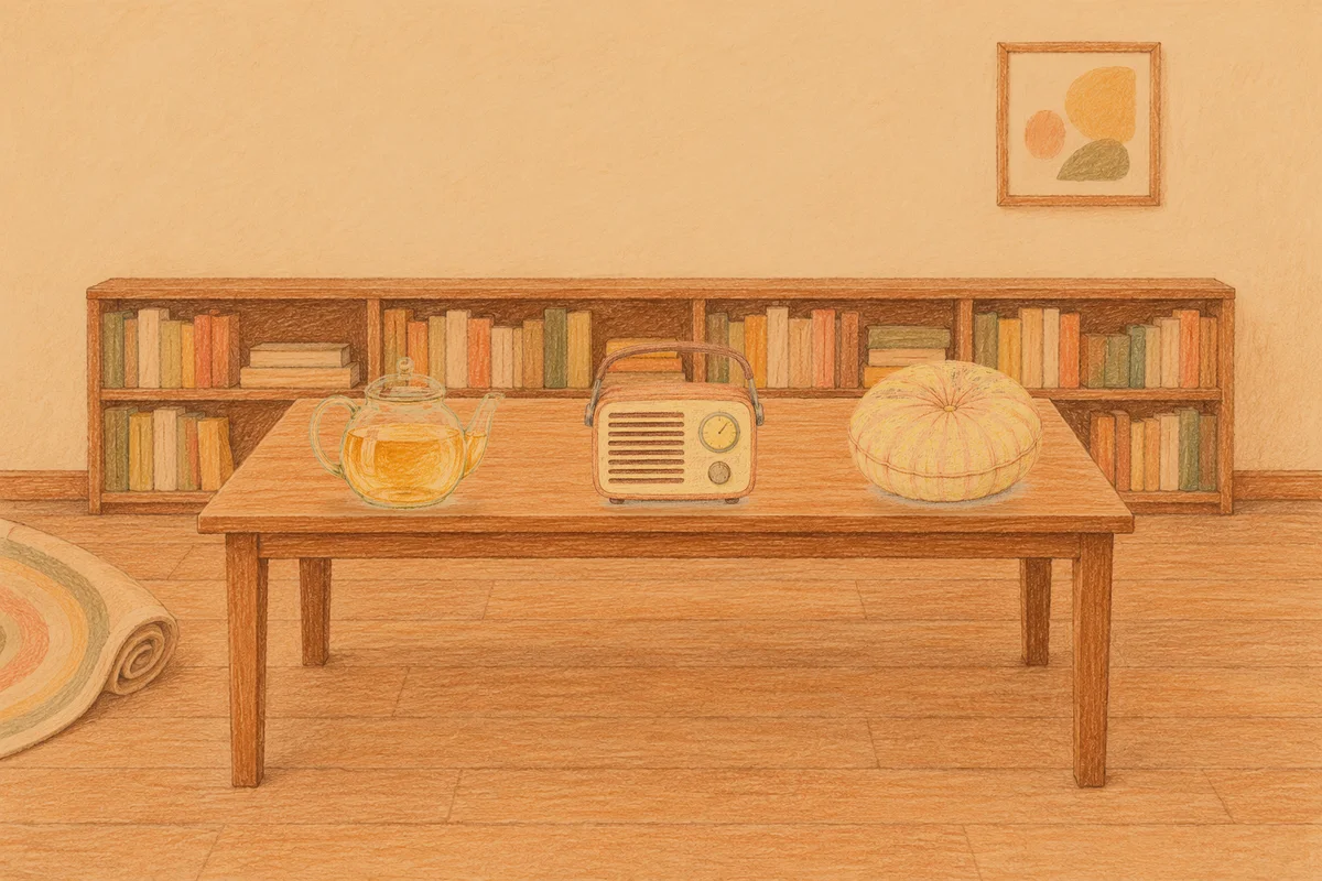 장한평 여성전용 바디 케어 안내 그림, 저녁의 서재 긴 책상 위에 놓인 유리 티포트, 작은 라디오, 둥근 쿠션