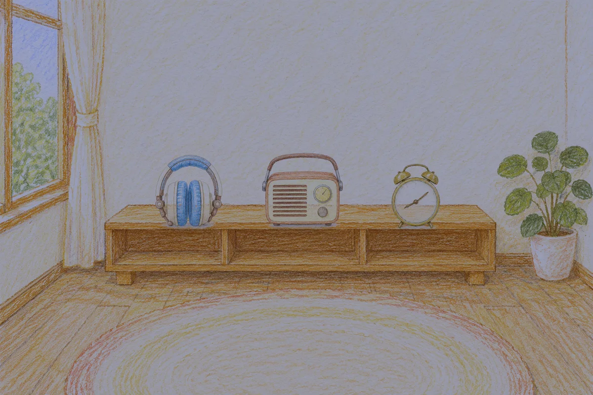 장한평 여성전용 종아리 케어 안내 그림, 밤의 창가 낮은 선반 위에 놓인 헤드폰, 작은 라디오, 둥근 알람시계