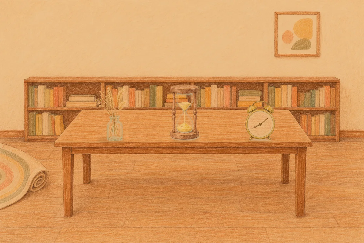 장한평 여성전용 등 마사지 안내 그림, 저녁의 서재 긴 책상 위에 놓인 마른 풀을 꽂은 항아리, 모래시계, 둥근 알람시계