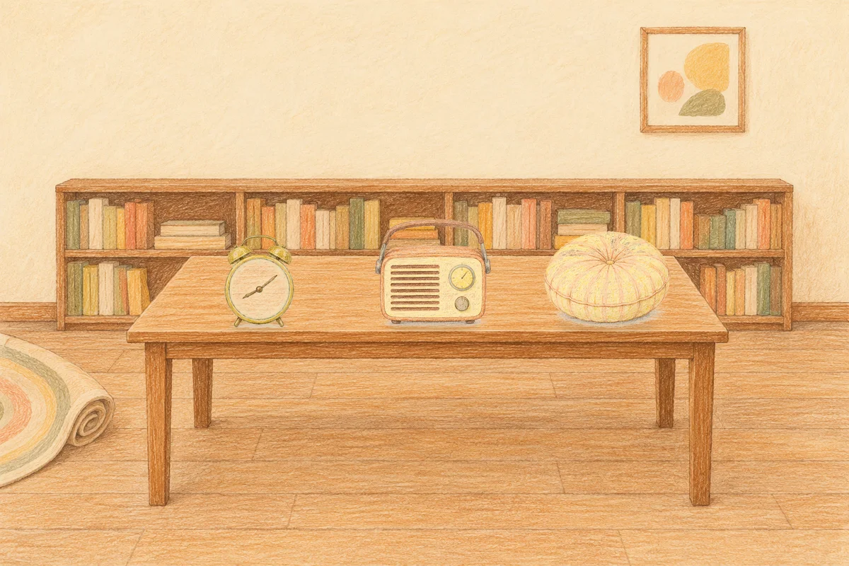 장한평 여성전용 두통 완화 마사지 안내 그림, 낮의 서재 긴 책상 위에 놓인 둥근 알람시계, 작은 라디오, 둥근 쿠션
