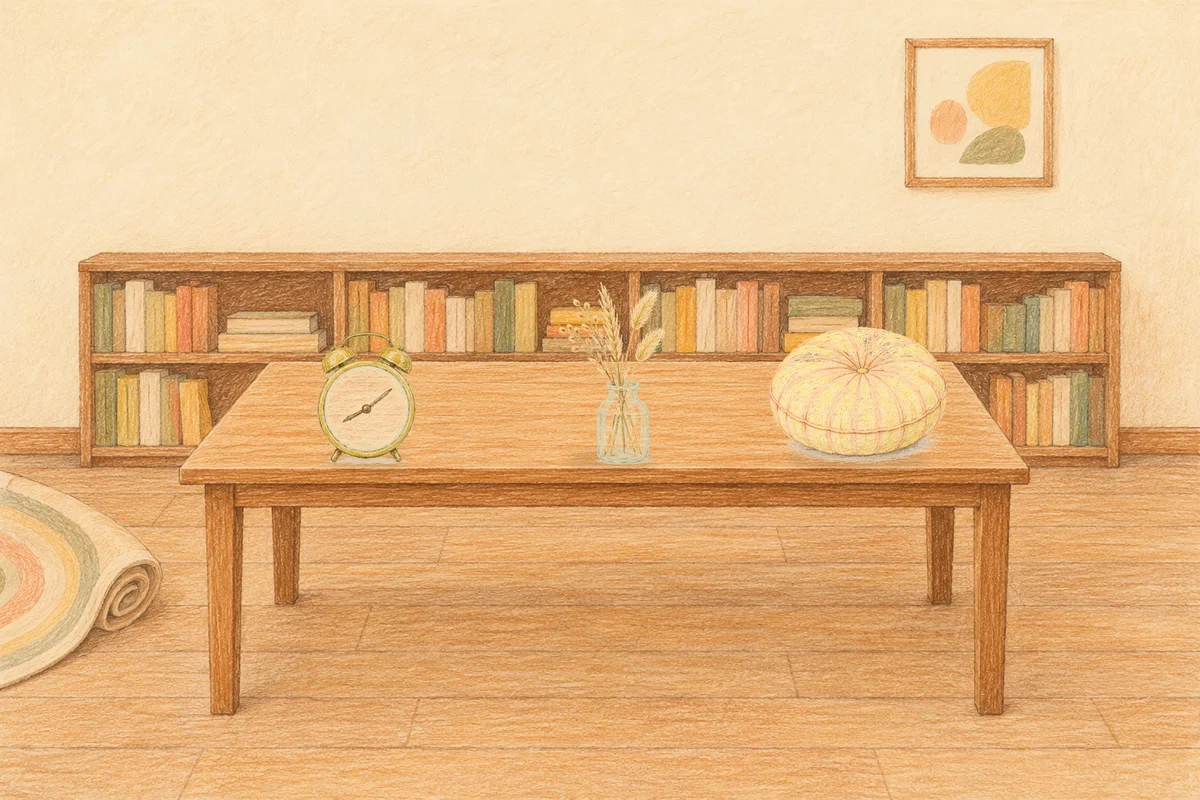 장한평 여성전용 얼굴 마사지 안내 그림, 낮의 서재 긴 책상 위에 놓인 둥근 알람시계, 마른 풀을 꽂은 항아리, 둥근 쿠션