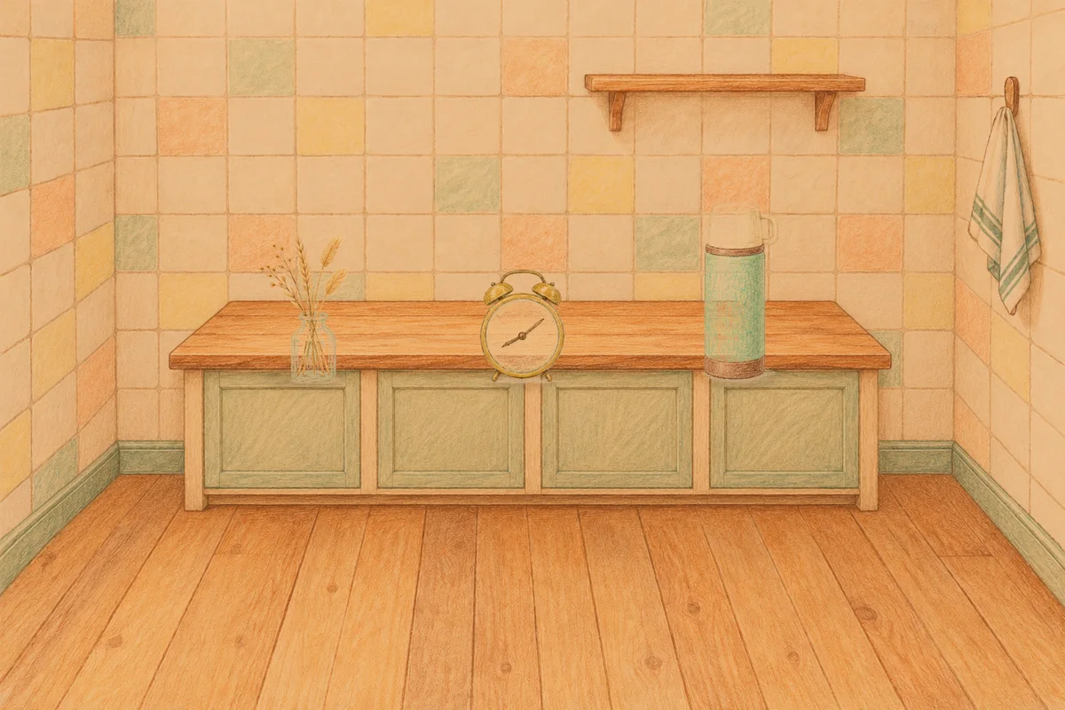 장한평 여성전용 브라이덜 케어 안내 그림, 저녁의 부엌 나무 조리대 위에 놓인 마른 풀을 꽂은 항아리, 둥근 알람시계, 보온병