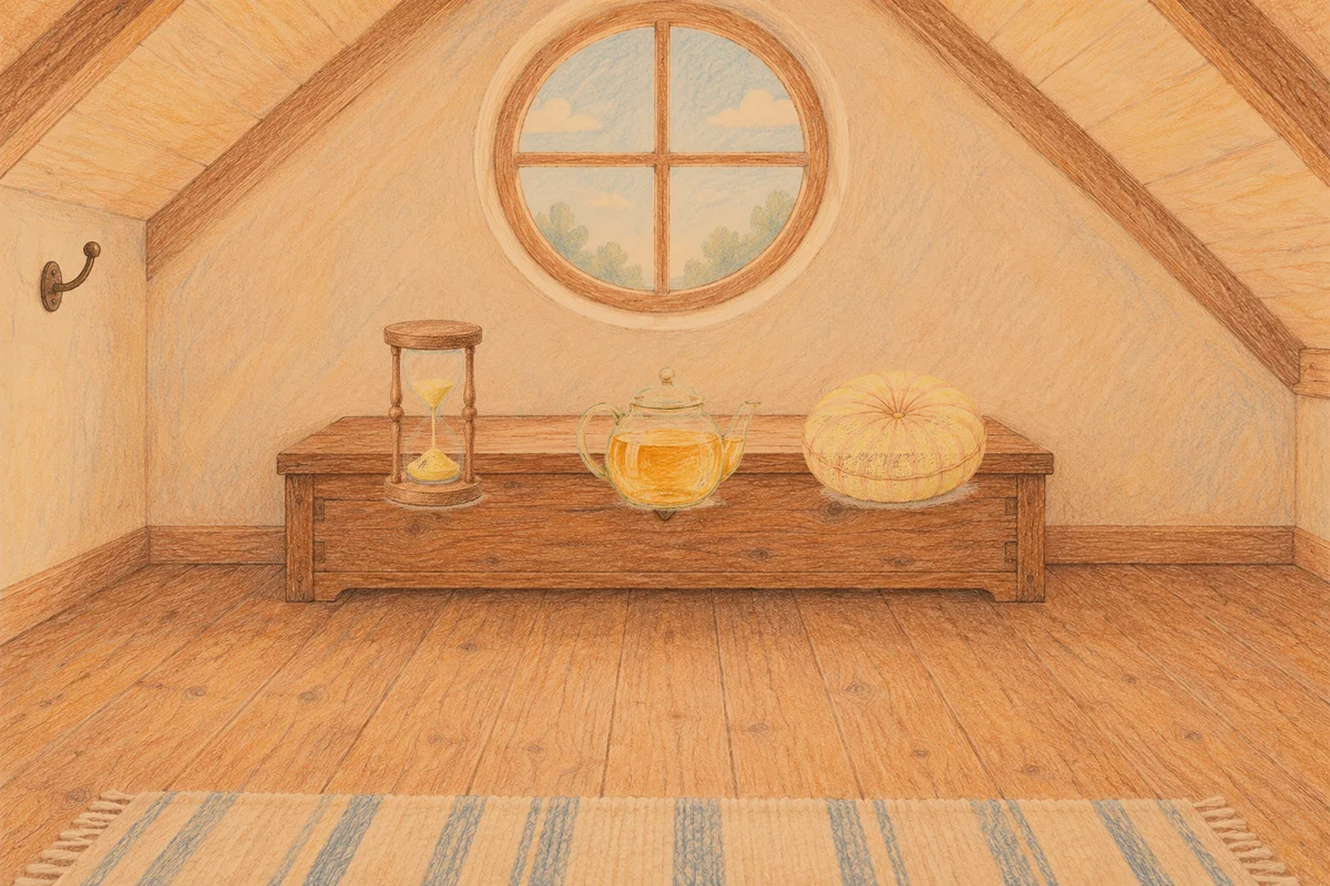 장한평 여성전용 가격 마사지 안내 그림, 저녁의 다락방 나무 궤짝 위에 놓인 모래시계, 유리 티포트, 둥근 쿠션
