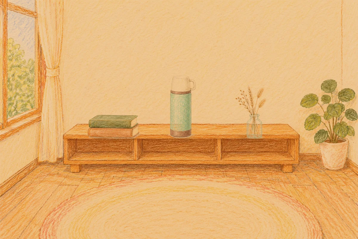 장한평 여성전용 추천 마사지 안내 그림, 저녁의 창가 낮은 선반 위에 놓인 책 두 권, 보온병, 마른 풀을 꽂은 항아리