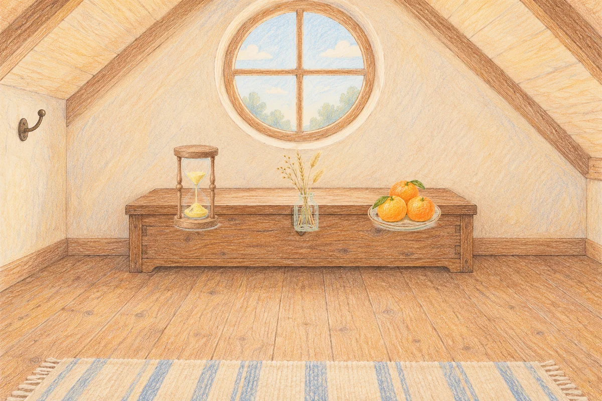 성수동 여성전용 라벤더 아로마 안내 그림, 낮의 다락방 나무 궤짝 위에 놓인 모래시계, 마른 풀을 꽂은 항아리, 귤이 담긴 접시