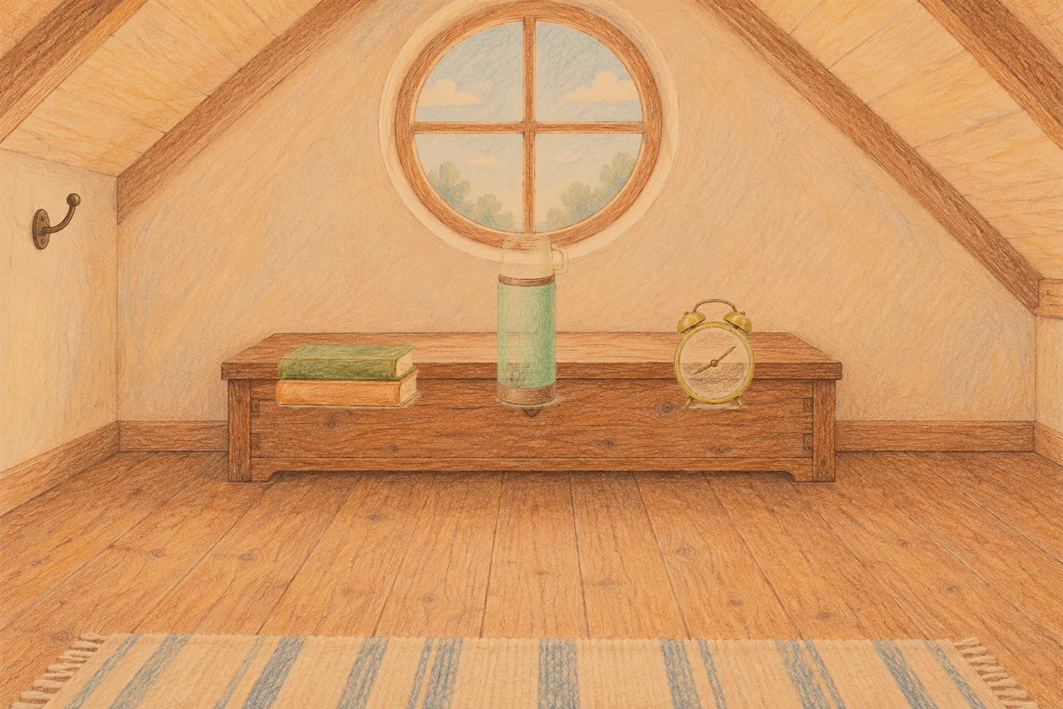 성수동 여성전용 아로마 가격 안내 그림, 저녁의 다락방 나무 궤짝 위에 놓인 책 두 권, 보온병, 둥근 알람시계