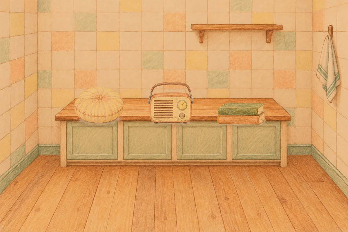 성수동 여성전용 경락 마사지 안내 그림, 저녁의 부엌 나무 조리대 위에 놓인 둥근 쿠션, 작은 라디오, 책 두 권