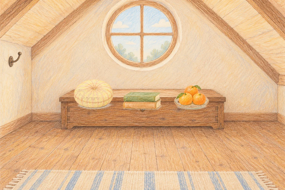 성수동 여성전용 얼굴 경락 안내 그림, 낮의 다락방 나무 궤짝 위에 놓인 둥근 쿠션, 책 두 권, 귤이 담긴 접시