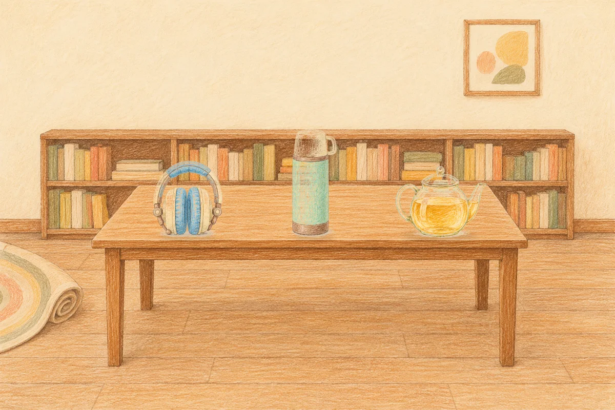 성수동 여성전용 바디 경락 안내 그림, 낮의 서재 긴 책상 위에 놓인 헤드폰, 보온병, 유리 티포트