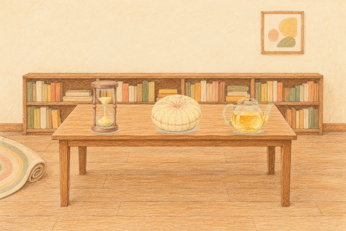성수동 여성전용 경락 가격 안내 그림, 낮의 서재 긴 책상 위에 놓인 모래시계, 둥근 쿠션, 유리 티포트