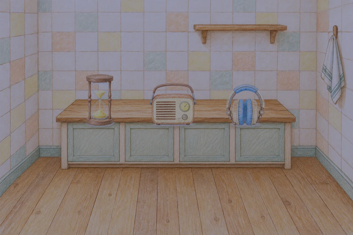 성수동 여성전용 경락 추천 안내 그림, 밤의 부엌 나무 조리대 위에 놓인 모래시계, 작은 라디오, 헤드폰