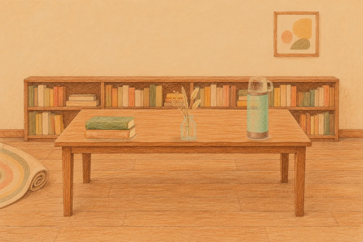 성수동 여성전용 홈케어 안내 그림, 저녁의 서재 긴 책상 위에 놓인 책 두 권, 마른 풀을 꽂은 항아리, 보온병
