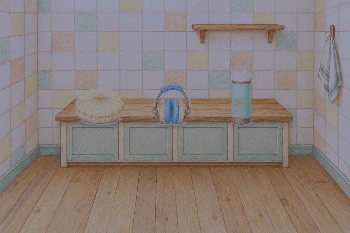 성수동 여성전용 홈케어 서비스 안내 그림, 밤의 부엌 나무 조리대 위에 놓인 둥근 쿠션, 헤드폰, 보온병