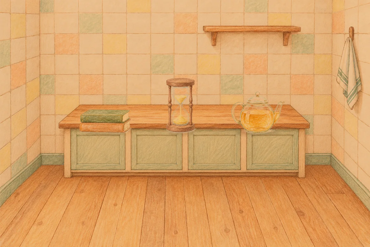성수동 여성전용 프라이빗 케어 안내 그림, 저녁의 부엌 나무 조리대 위에 놓인 책 두 권, 모래시계, 유리 티포트