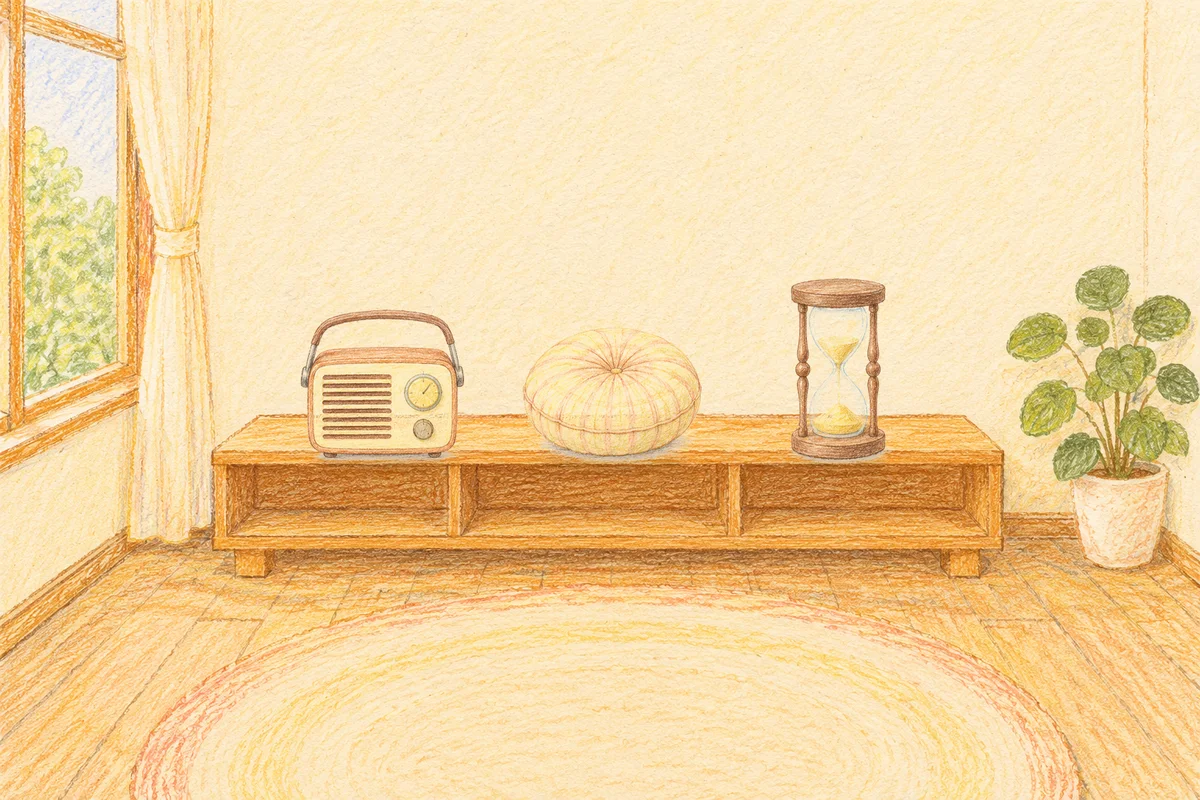 성수동 여성전용 발관리 안내 그림, 낮의 창가 낮은 선반 위에 놓인 작은 라디오, 둥근 쿠션, 모래시계