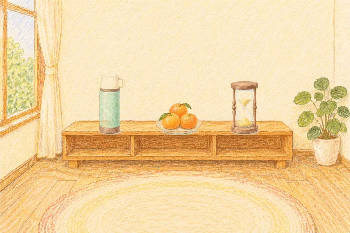 성수동 여성전용 발관리 추천 안내 그림, 낮의 창가 낮은 선반 위에 놓인 보온병, 귤이 담긴 접시, 모래시계