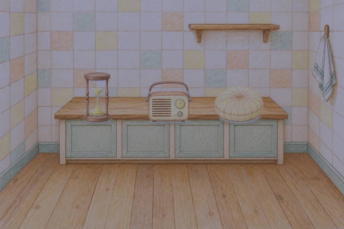 성수동 여성전용 부종 케어 안내 그림, 밤의 부엌 나무 조리대 위에 놓인 모래시계, 작은 라디오, 둥근 쿠션