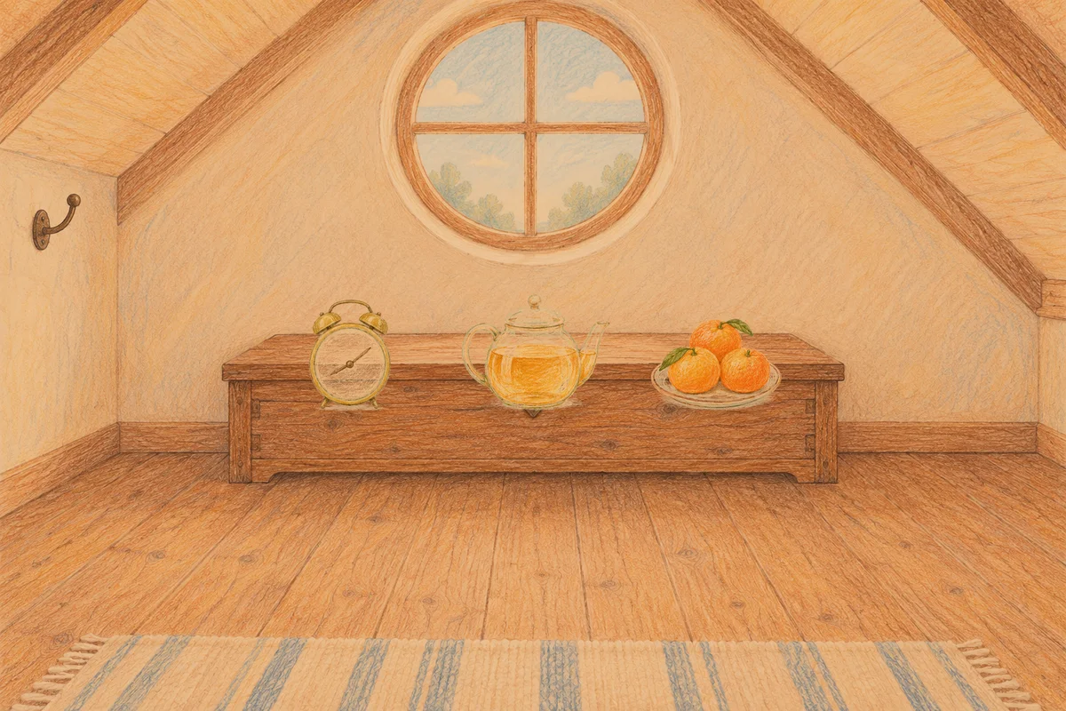 성수동 여성전용 종아리 케어 안내 그림, 저녁의 다락방 나무 궤짝 위에 놓인 둥근 알람시계, 유리 티포트, 귤이 담긴 접시