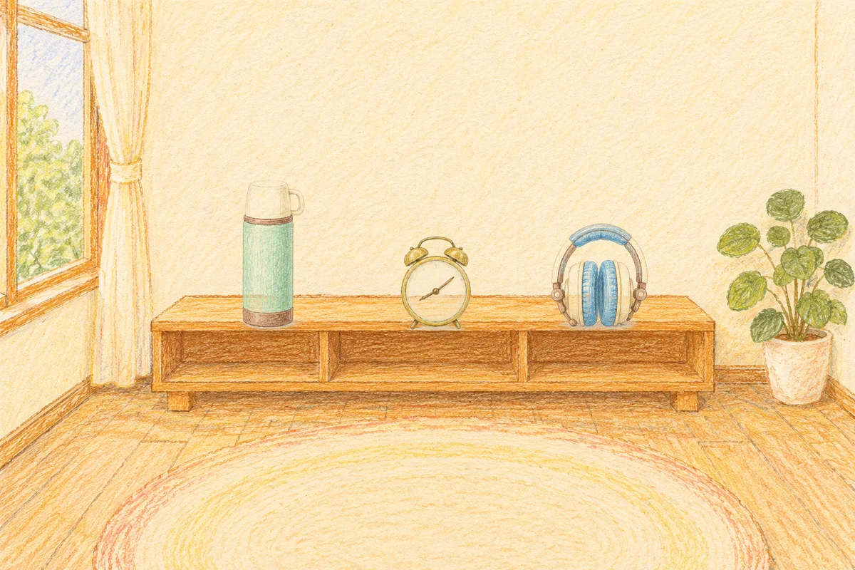 성수동 여성전용 등 마사지 안내 그림, 낮의 창가 낮은 선반 위에 놓인 보온병, 둥근 알람시계, 헤드폰