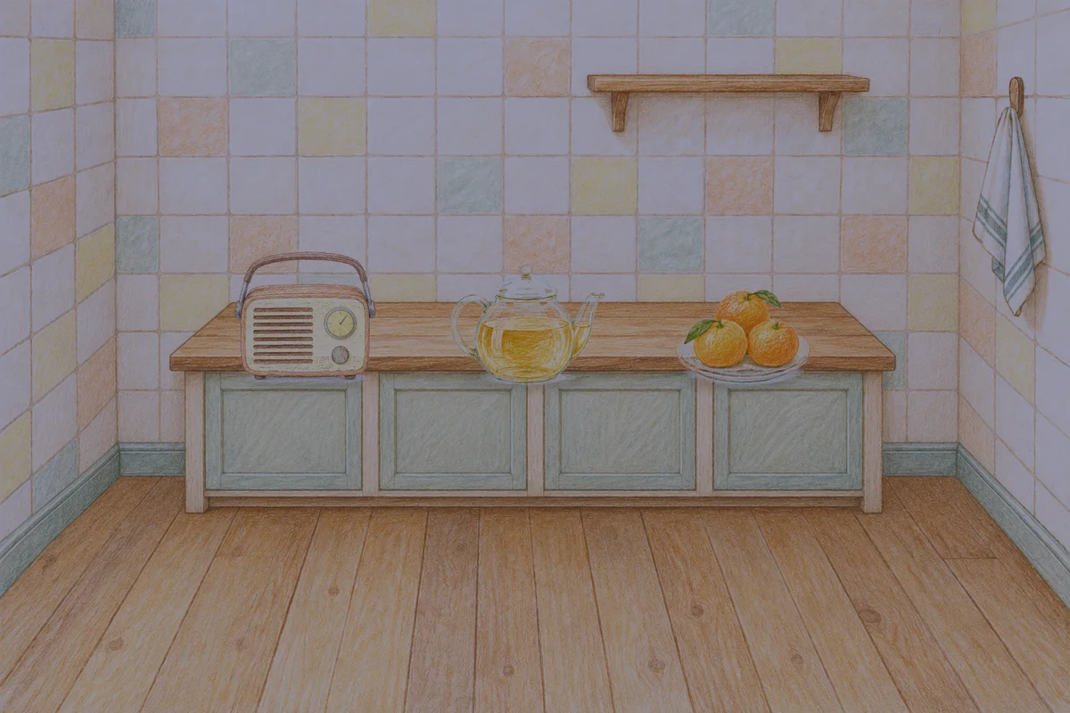 성수동 여성전용 두피 케어 안내 그림, 밤의 부엌 나무 조리대 위에 놓인 작은 라디오, 유리 티포트, 귤이 담긴 접시