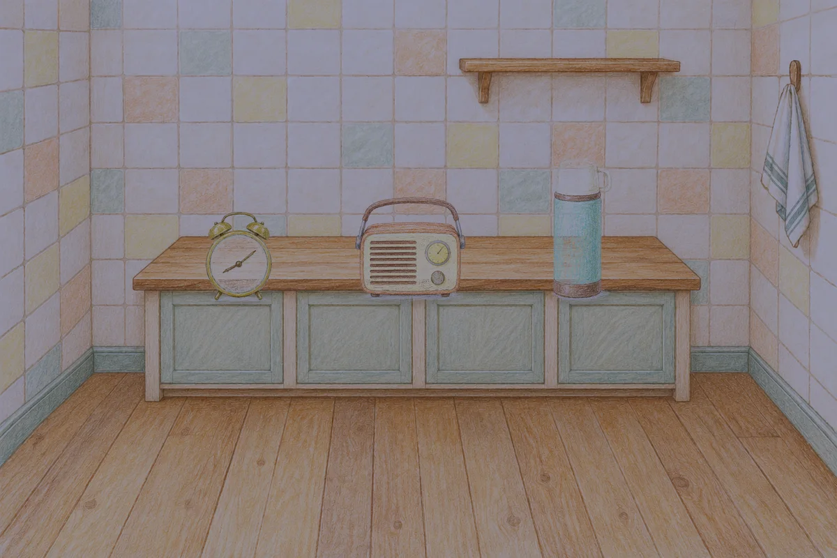 성수동 여성전용 수면 케어 안내 그림, 밤의 부엌 나무 조리대 위에 놓인 둥근 알람시계, 작은 라디오, 보온병