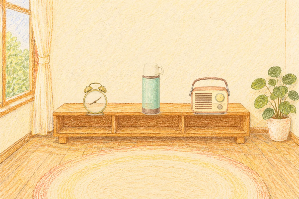 성수동 여성전용 안티에이징 케어 안내 그림, 낮의 창가 낮은 선반 위에 놓인 둥근 알람시계, 보온병, 작은 라디오
