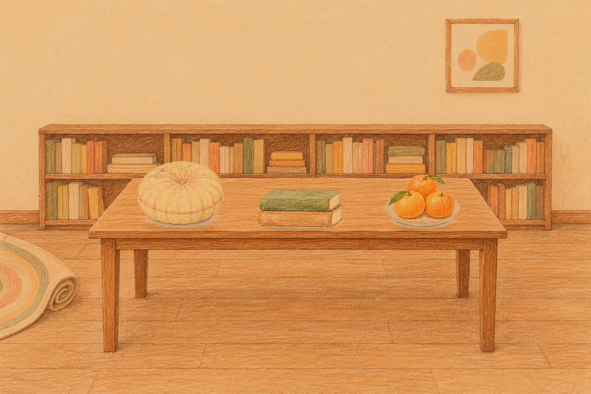 성수동 여성전용 피부 관리 안내 그림, 저녁의 서재 긴 책상 위에 놓인 둥근 쿠션, 책 두 권, 귤이 담긴 접시
