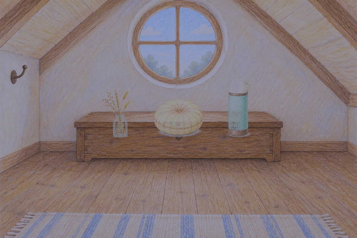 성수동 여성전용 예약 마사지 안내 그림, 밤의 다락방 나무 궤짝 위에 놓인 마른 풀을 꽂은 항아리, 둥근 쿠션, 보온병