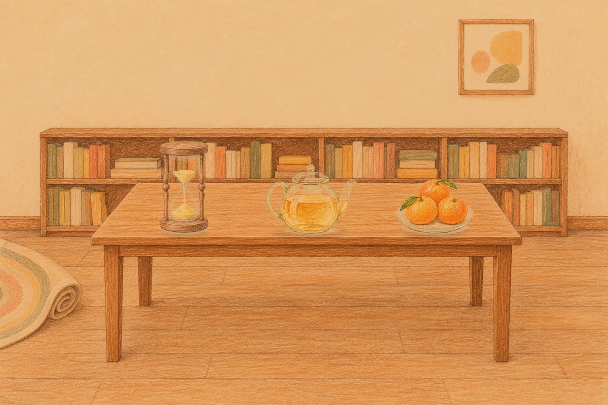 성수동 여성전용 출장 마사지 후기 안내 그림, 저녁의 서재 긴 책상 위에 놓인 모래시계, 유리 티포트, 귤이 담긴 접시