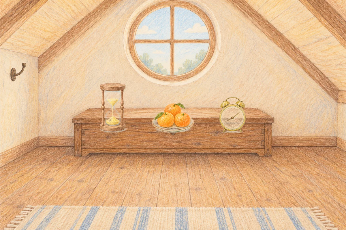 왕십리 여성전용 스웨디시 마사지 안내 그림, 낮의 다락방 나무 궤짝 위에 놓인 모래시계, 귤이 담긴 접시, 둥근 알람시계