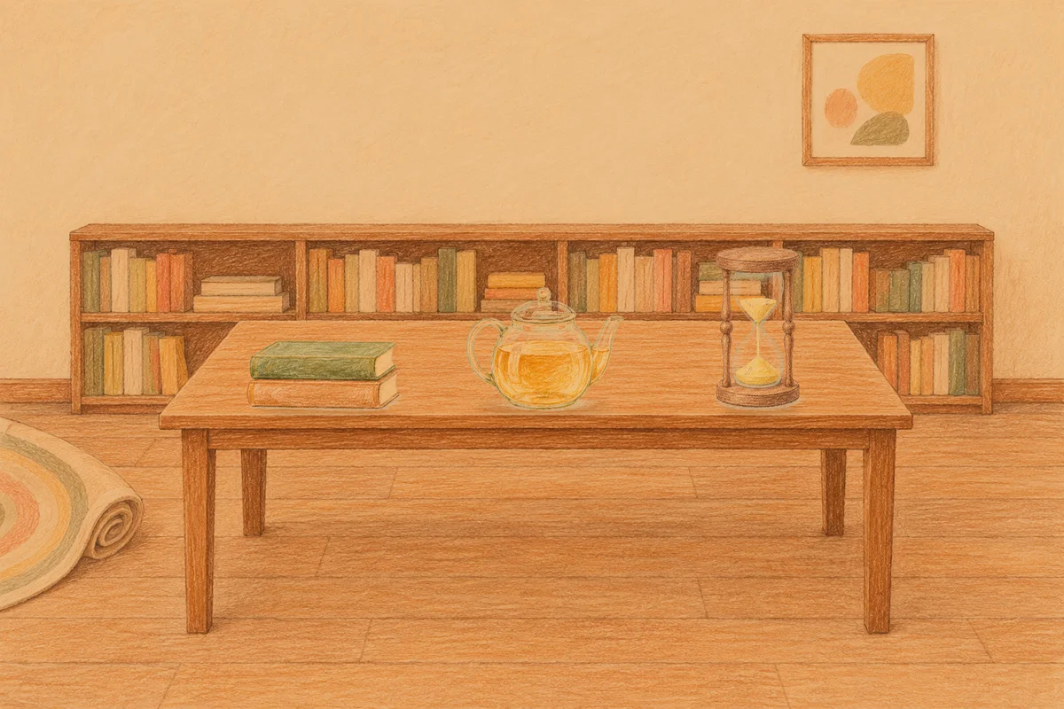 왕십리 여성전용 스웨디시 후기 안내 그림, 저녁의 서재 긴 책상 위에 놓인 책 두 권, 유리 티포트, 모래시계