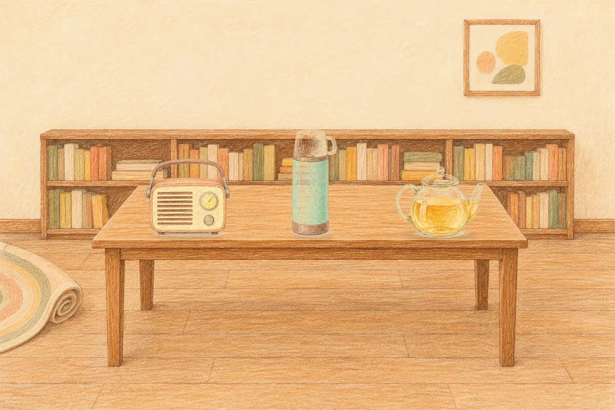 왕십리 여성전용 아로마 마사지 후기 안내 그림, 낮의 서재 긴 책상 위에 놓인 작은 라디오, 보온병, 유리 티포트