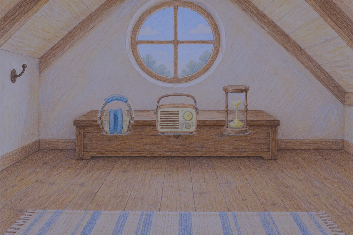 왕십리 여성전용 아로마 가격 안내 그림, 밤의 다락방 나무 궤짝 위에 놓인 헤드폰, 작은 라디오, 모래시계